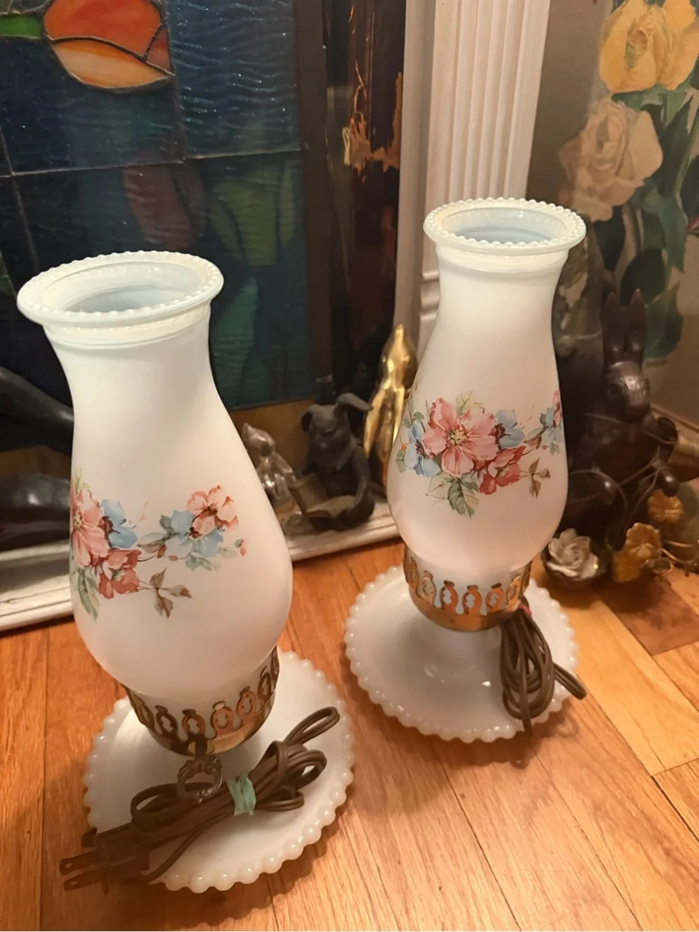 Vtg Pair Hobnail Milk Glass Raised Brass Floral Hurricane Electric Table Lamps